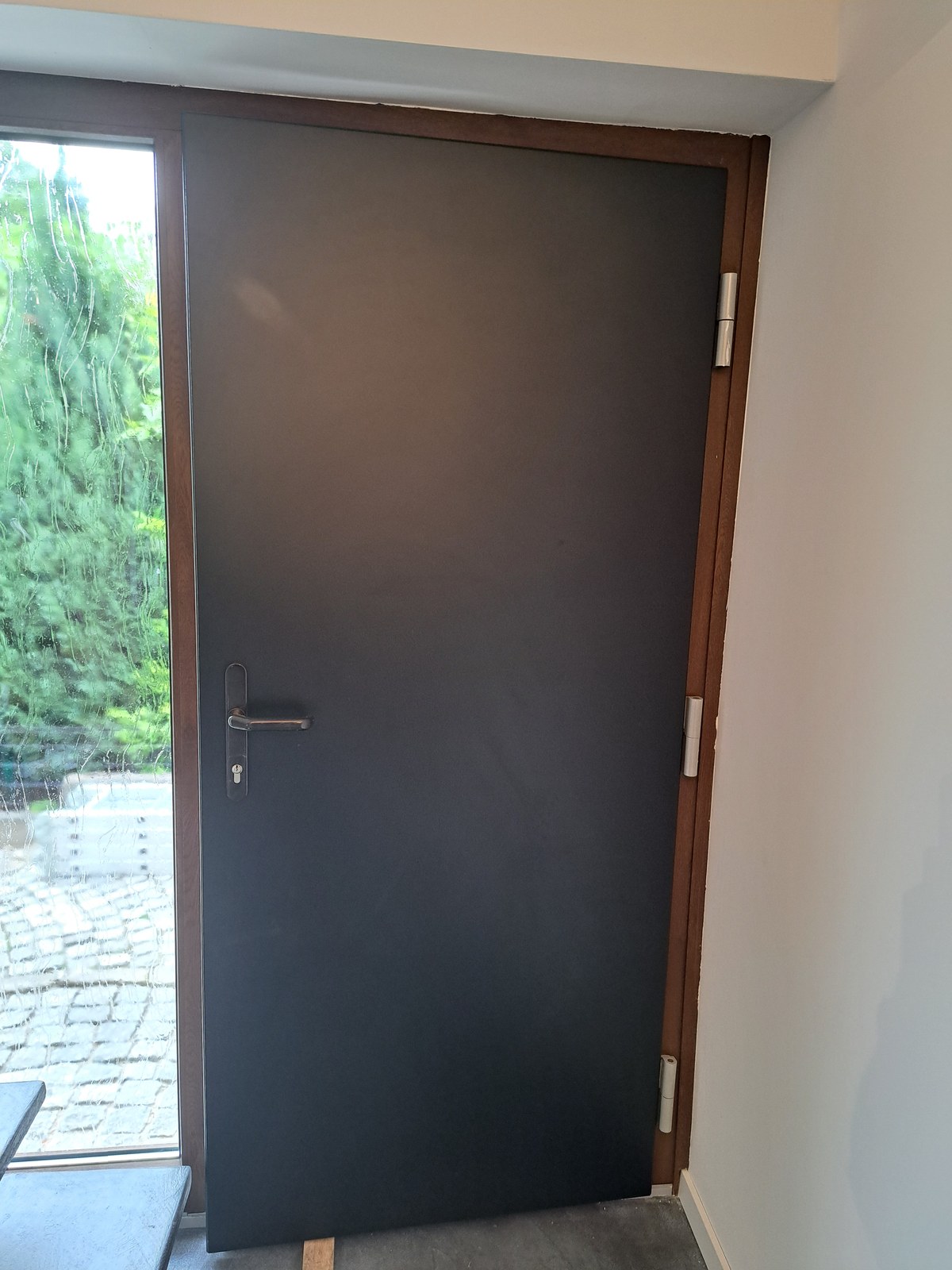 Dunkle Haustür mit passendem Rahmen
